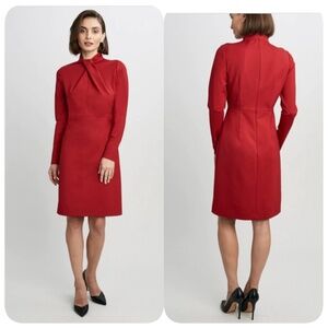 Elie Tahari Dress 12 Twist Neck High Neck Long Sleeve Red Minimalist Valentine's